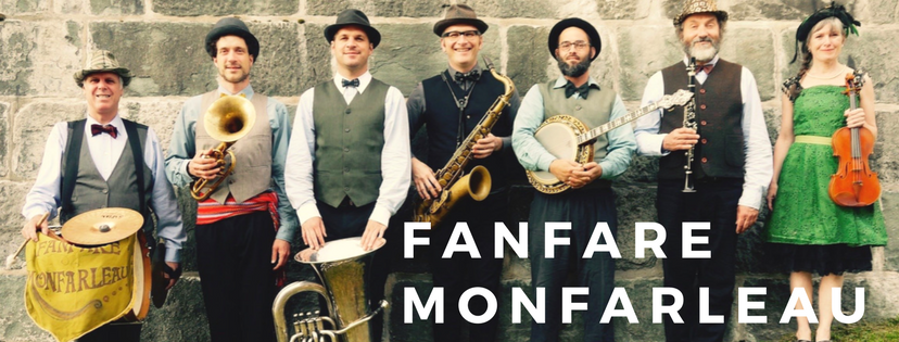 la fanfare Montfarleau. Pierre Tanguay percussions, Benoit Fortier saxhorn, Jean-Philippe Dutil sousaphone, Martin Desjardins saxophone, Jean-Philippe Reny banjo, Pierre Langevin clarinette, Liette Remon violon et direction